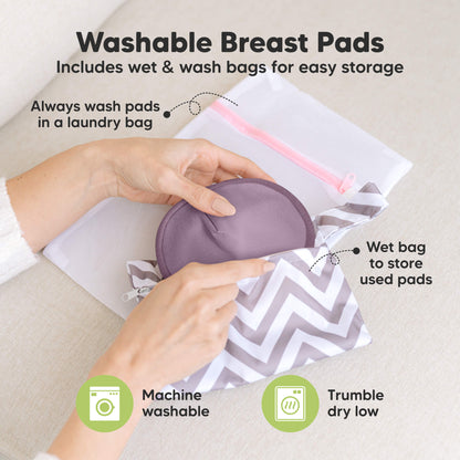 Washable Breast Pads that includes wet & wash bags for easy storage, machine washable, tumble dry low. Always wash pads in a laundry bag, Wet bag to store used pads.
 32179042910394