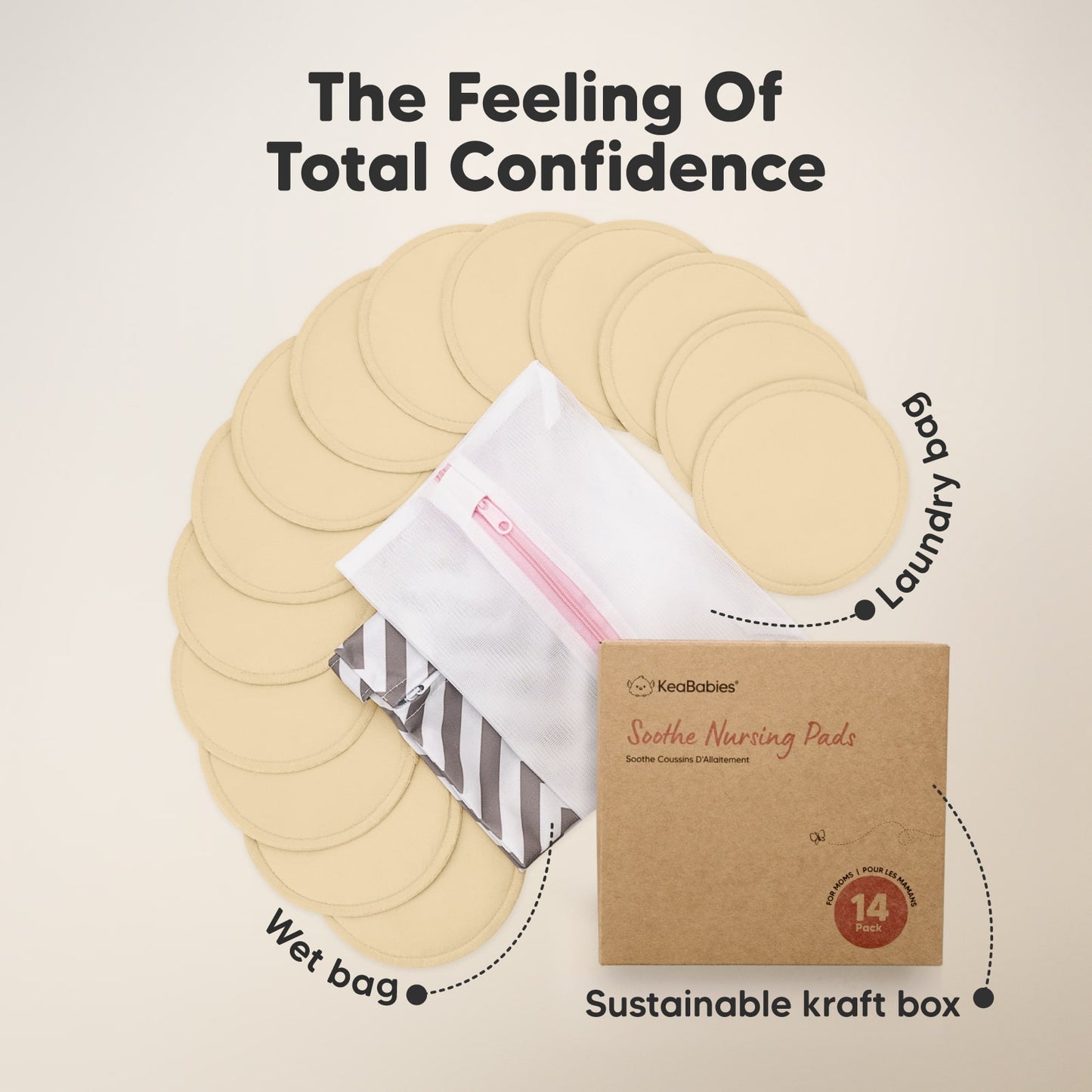 The Feeling Of Total Confidence, includes multiple reusable pads, wet bag, and sustainable kraft box.
 27346519687354