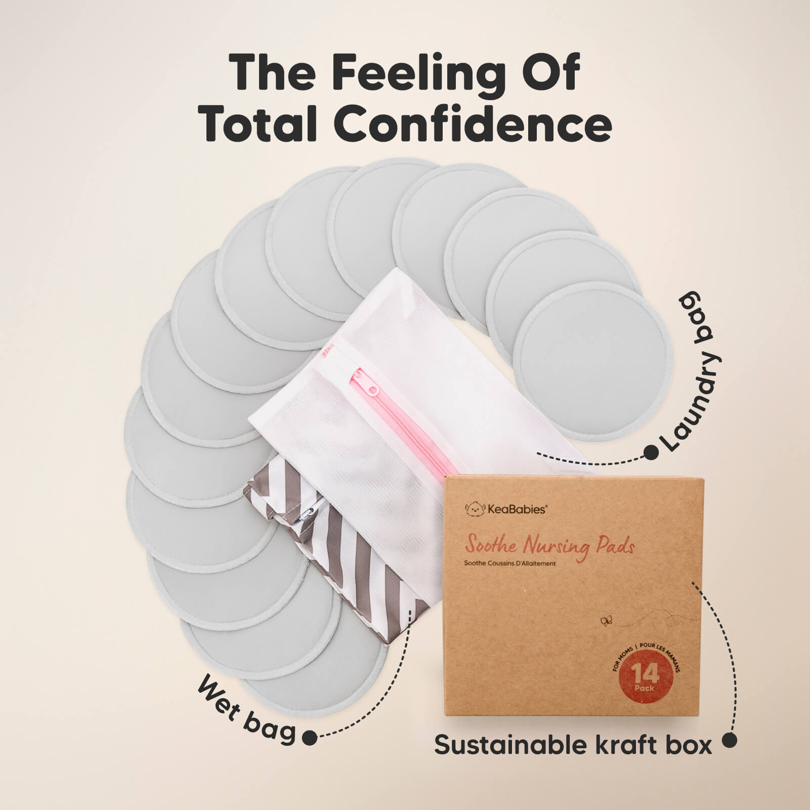 The Feeling Of Total Confidence, includes multiple reusable pads, wet bag, and sustainable kraft box.
 27346522603706