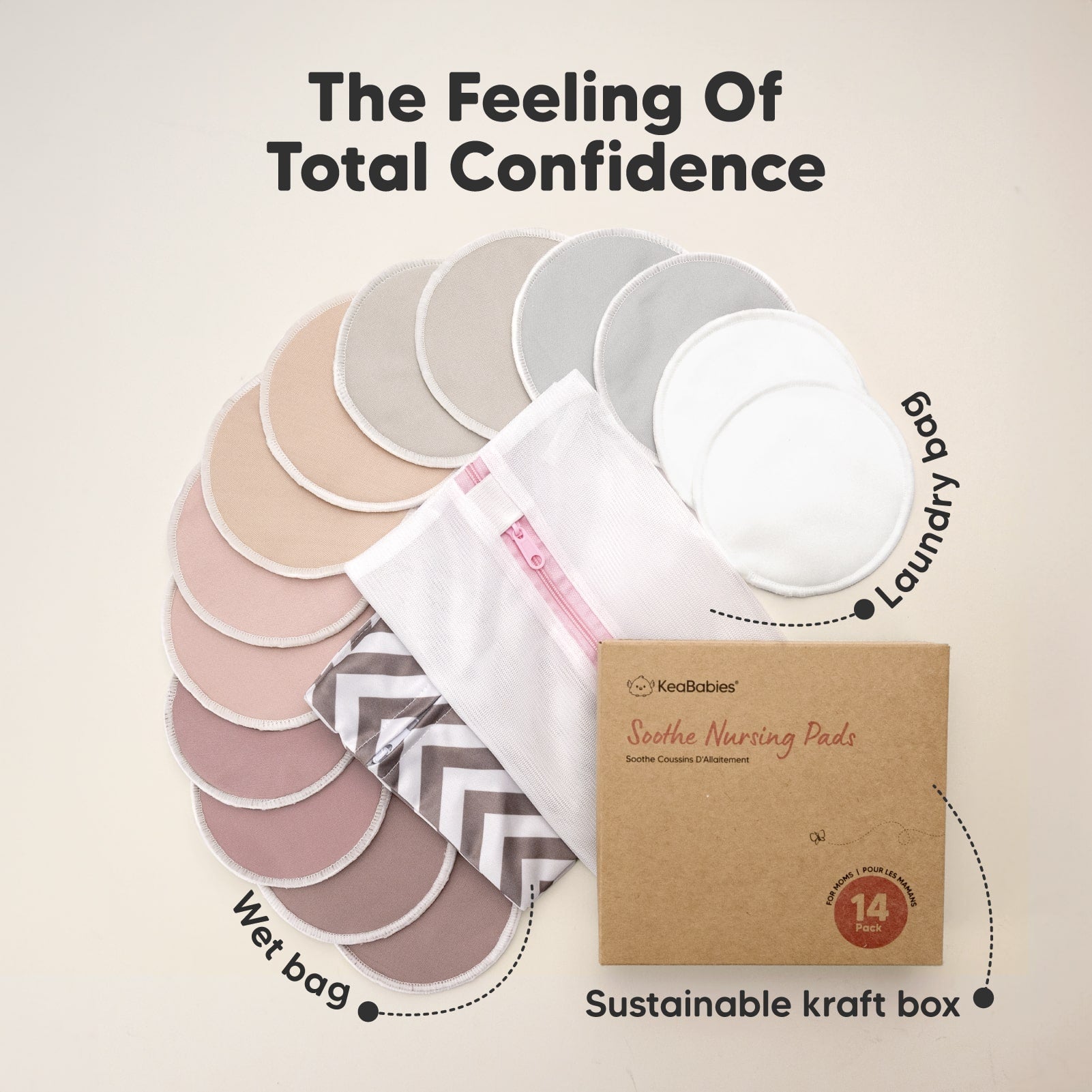 The Feeling Of Total Confidence, includes multiple reusable pads, wet bag, and sustainable kraft box.
 27346525749434