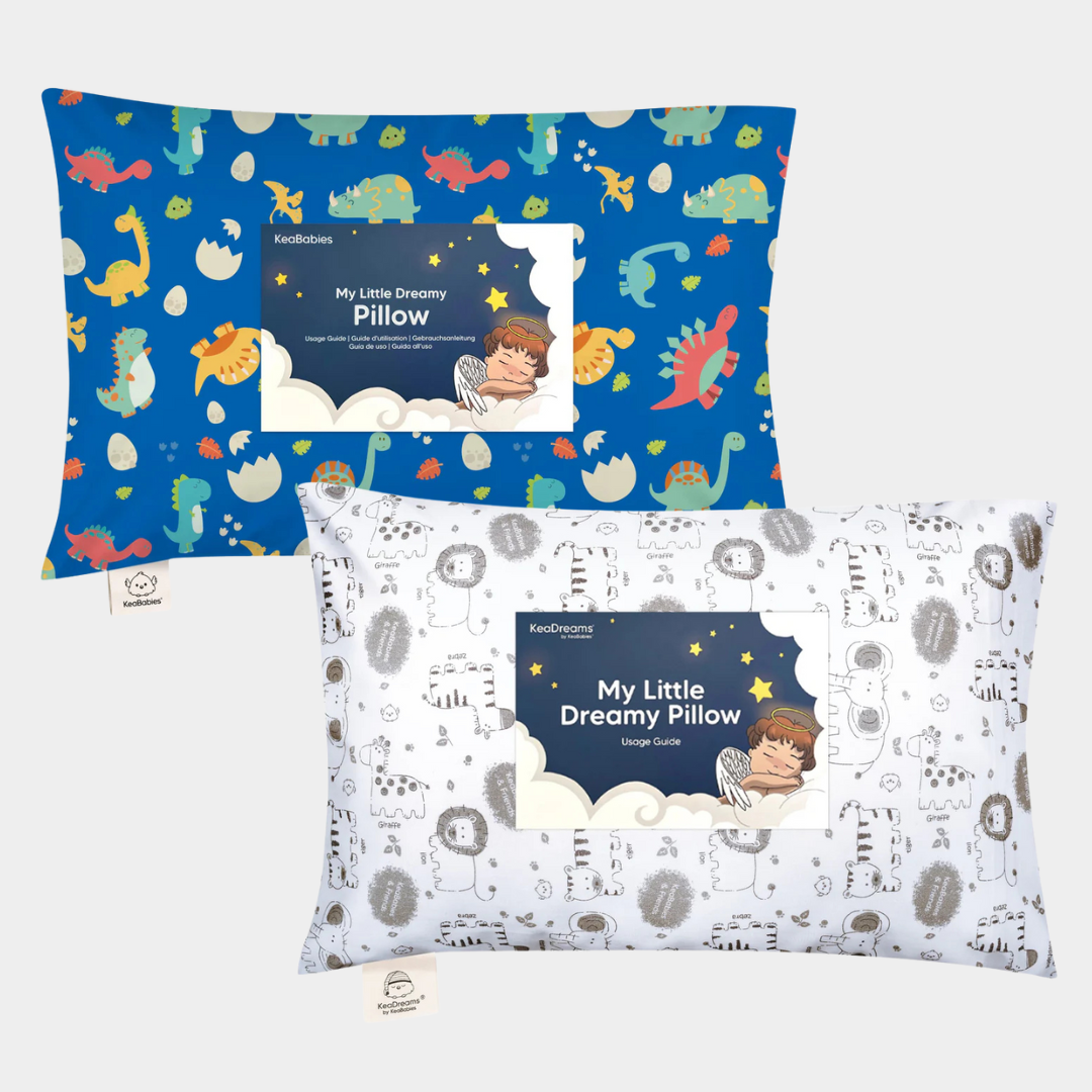 A set of two colorful toddler pillows with playful prints designed for comfort and everyday use.
 29441370423482