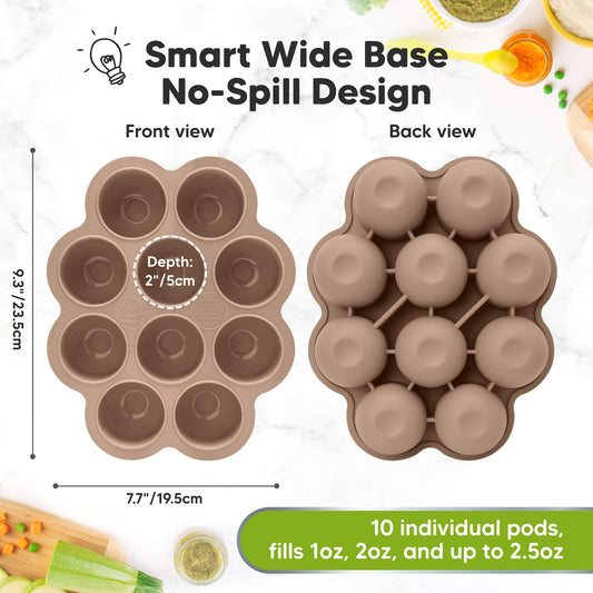 Smart Wide Base, No-Spill Design
Front view & Back view
Depth: 2"/5cm, 7.7"/19.5cm
10 individual pods, fills 1oz, 2oz, and up to 2.5oz-on-hover