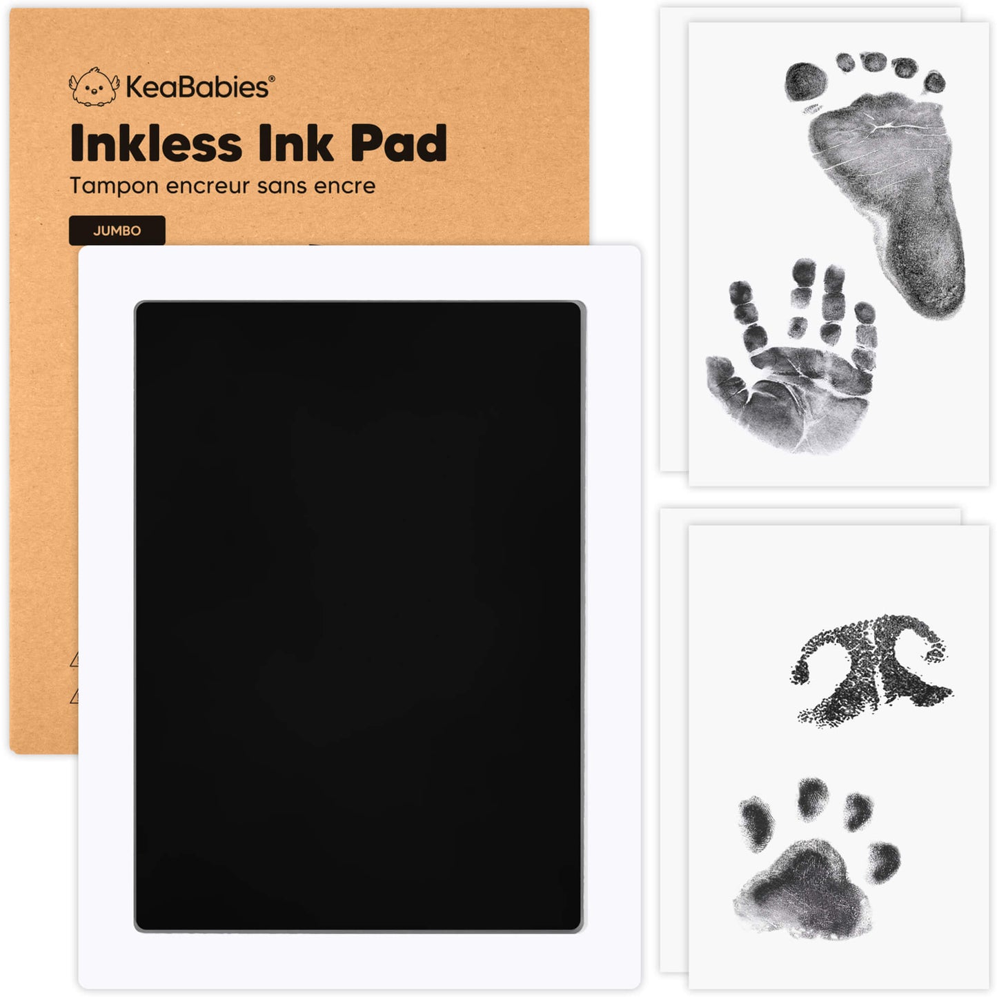 KeaBabies jumbo black inkless ink pad with imprint cards for mess-free baby hand, footprint, and pet paw print keepsakes. 26180764827834