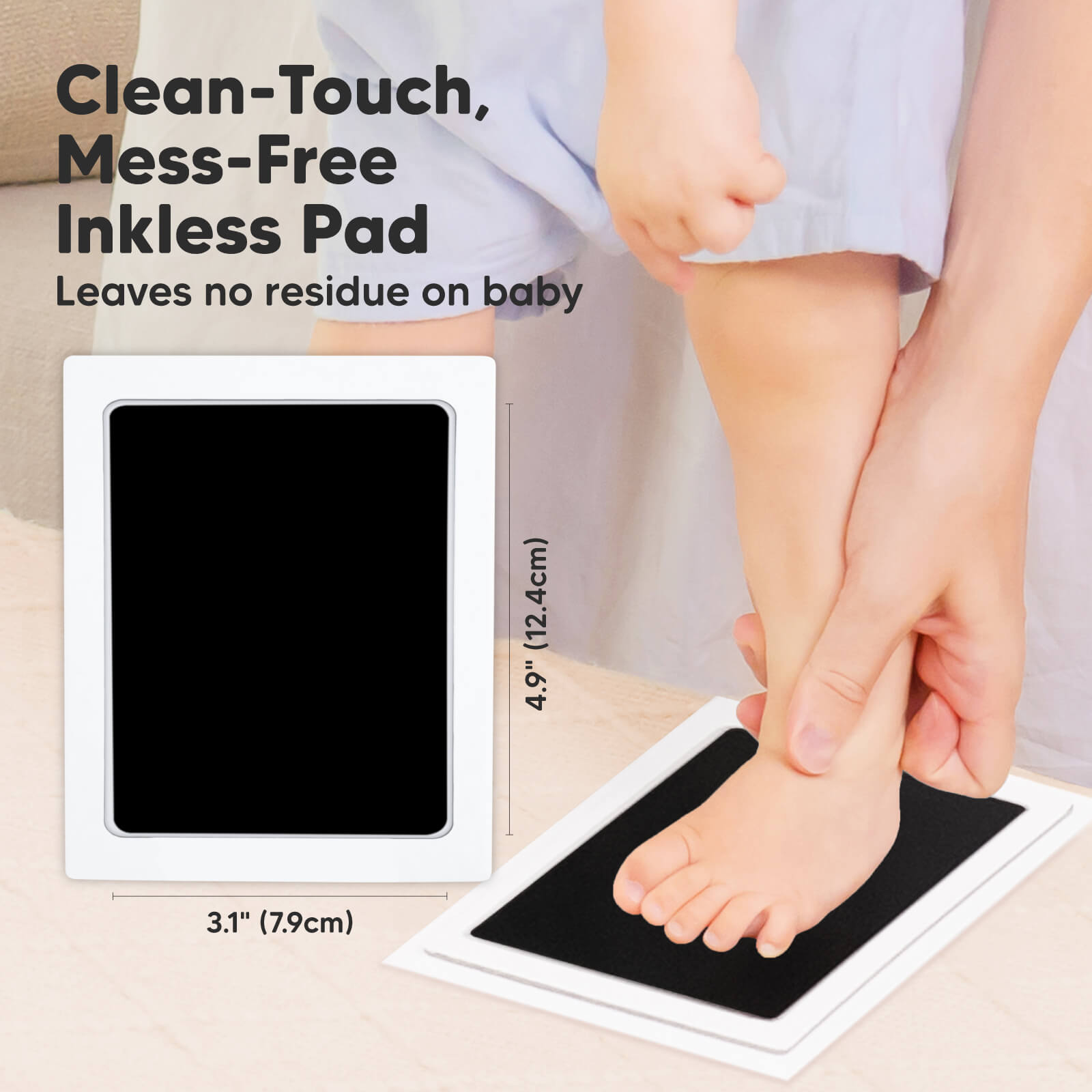 Clean-touch, mess-free inkless pad, size 4.9 x 3.1 inches, leaves no residue on baby. 25841360830650