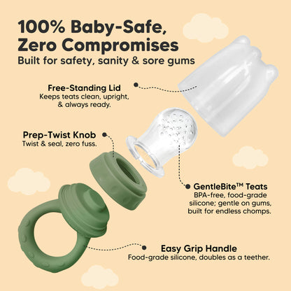 100% baby-safe food feeder with free-standing lid, prep-twist knob, GentleBite™ teats, and easy-grip handle.
 30513422696634