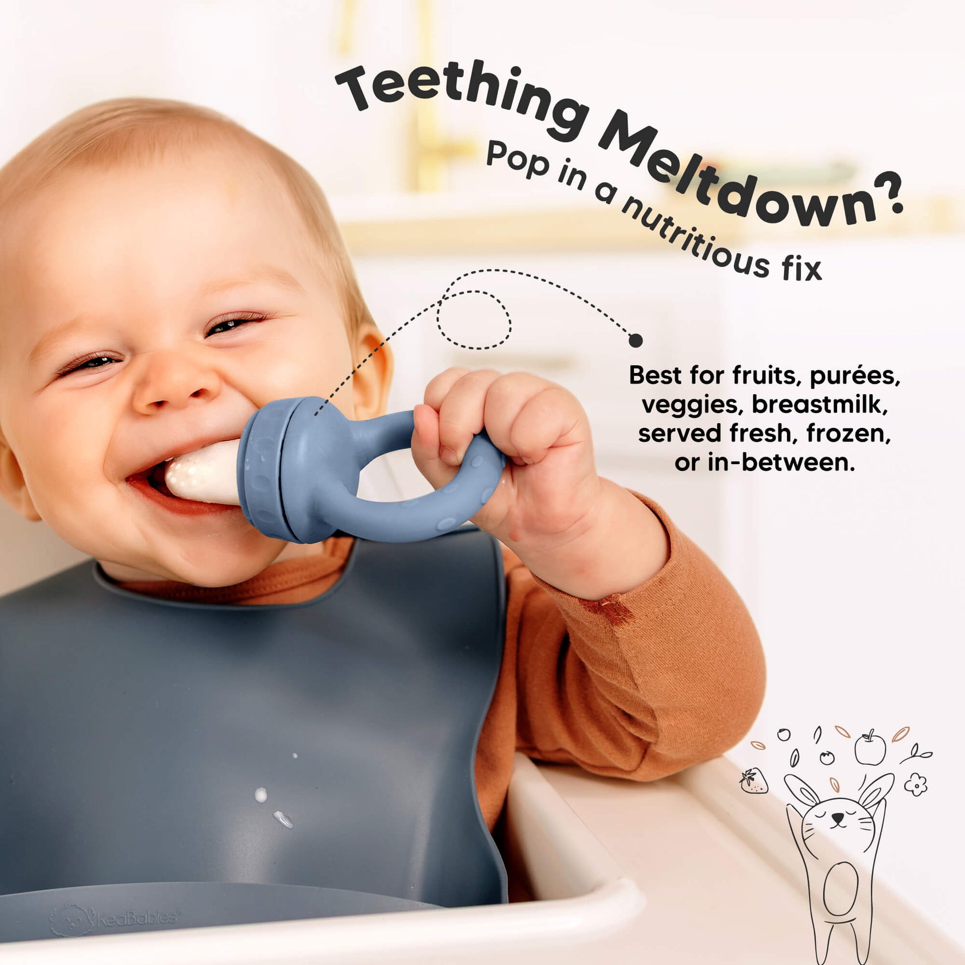 Teething meltdown solution using a baby food feeder for fruits, purées, veggies, breastmilk, fresh or frozen foods.
 30513422729402