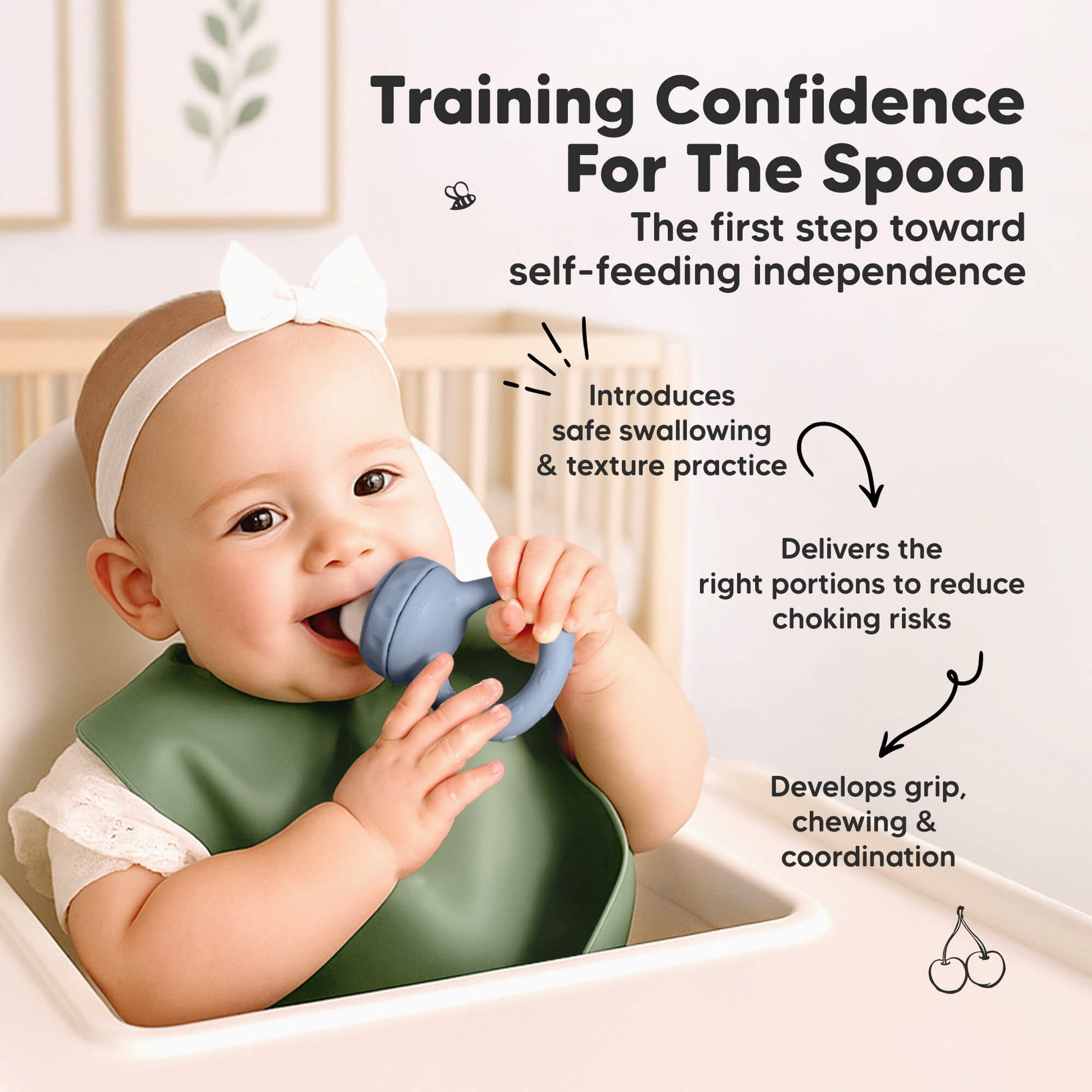 Training confidence for self-feeding by introducing safe swallowing, texture practice, and grip coordination.
 30513422827706