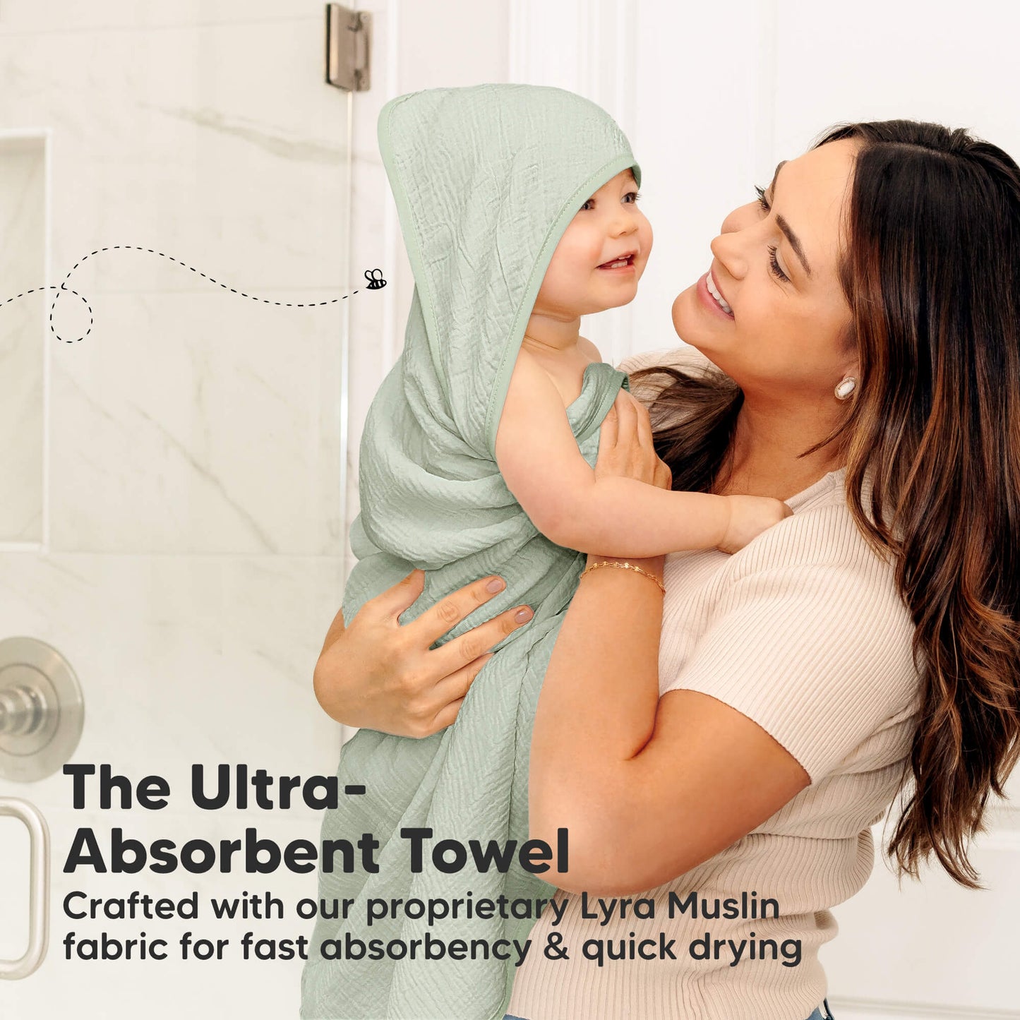 Ultra-absorbent hooded towel crafted with Lyra muslin for fast absorbency and quick drying. 30514288263354