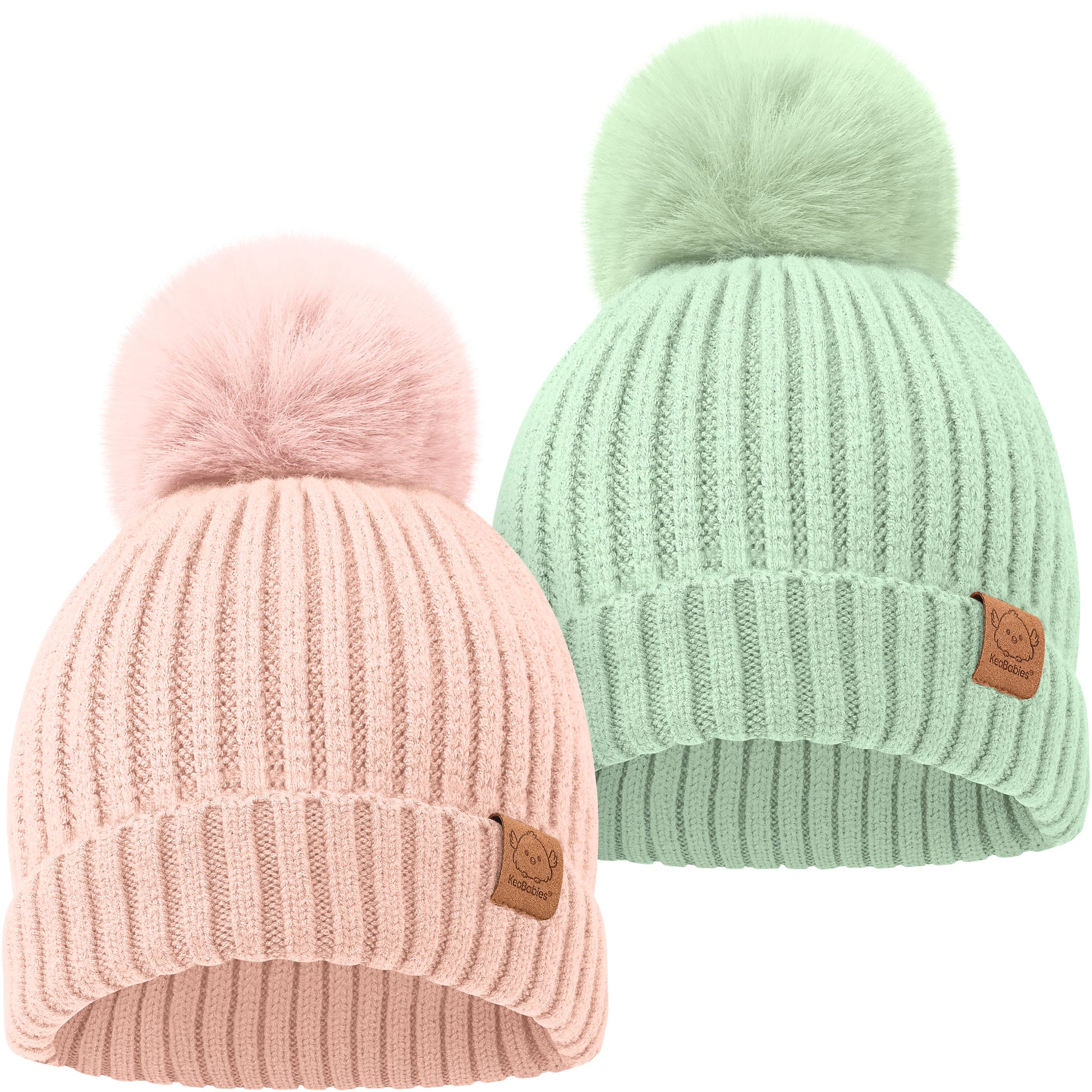 Two cozy knitted baby beanies with soft pom-pom tops
 28150560424122