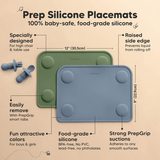 Prep silicone placemats are baby-safe, food-grade, BPA-free mats sized 12 × 9 inches with raised edges and strong suction.
-on-hover