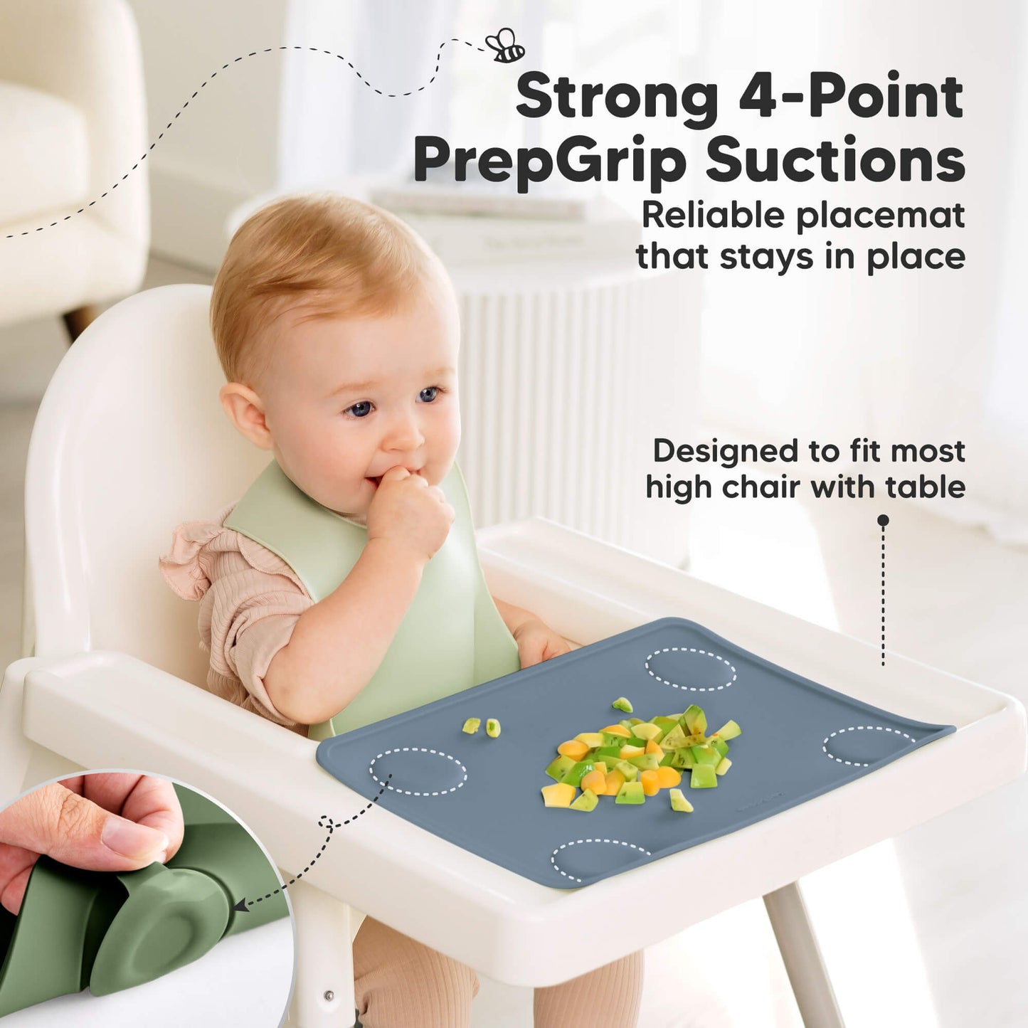 Strong 4-point suction keeps the placemat securely in place on most high chair tables.
 29125706055866