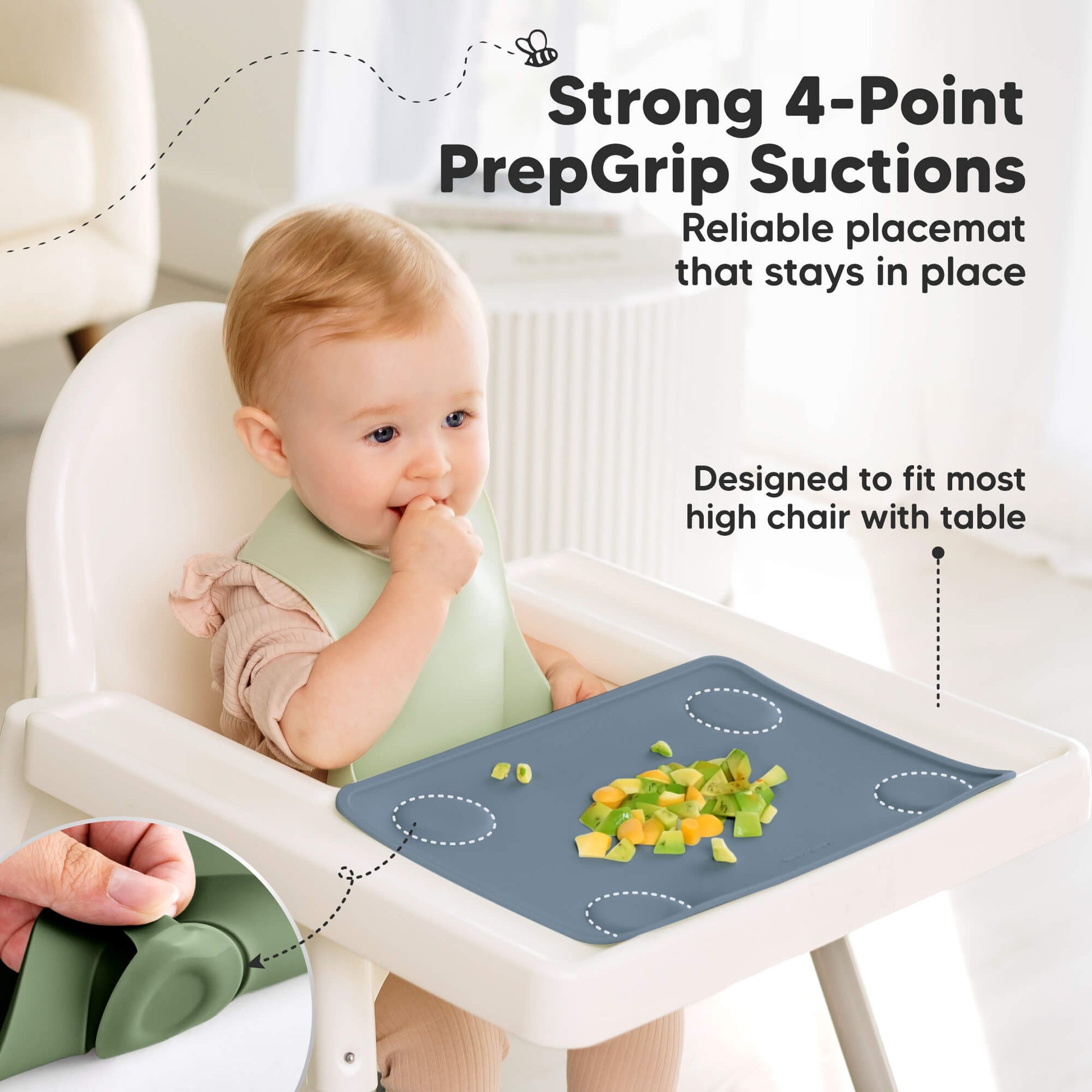 Strong 4-point suction keeps the placemat securely in place on most high chair tables.
 29125706055866