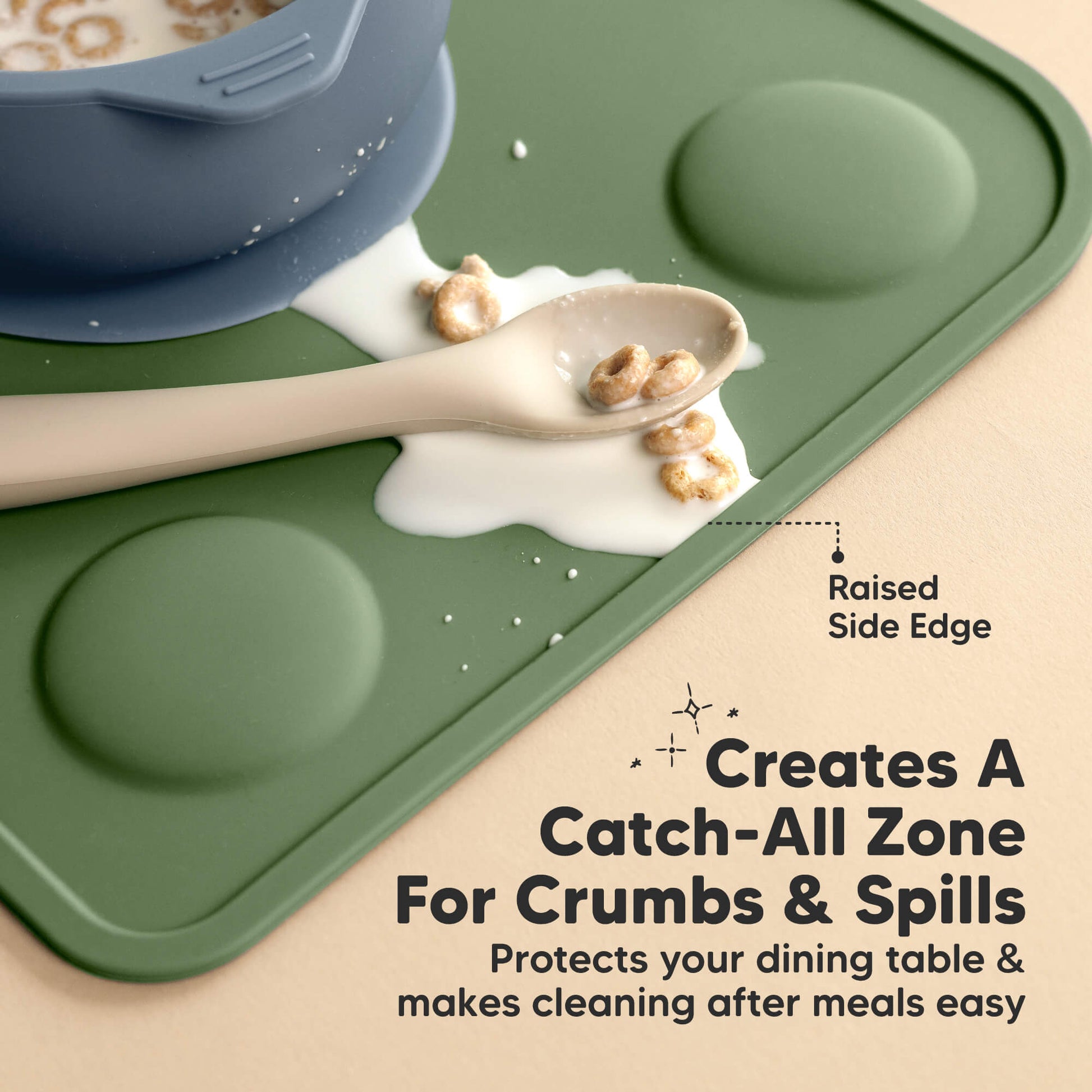 Catch-all raised edges help contain crumbs and spills for easier cleanup.
 29125706088634