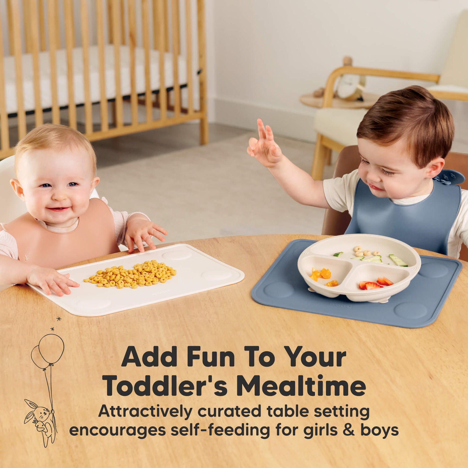 Fun mealtime design encourages toddler self-feeding for boys and girls.
 29125706121402