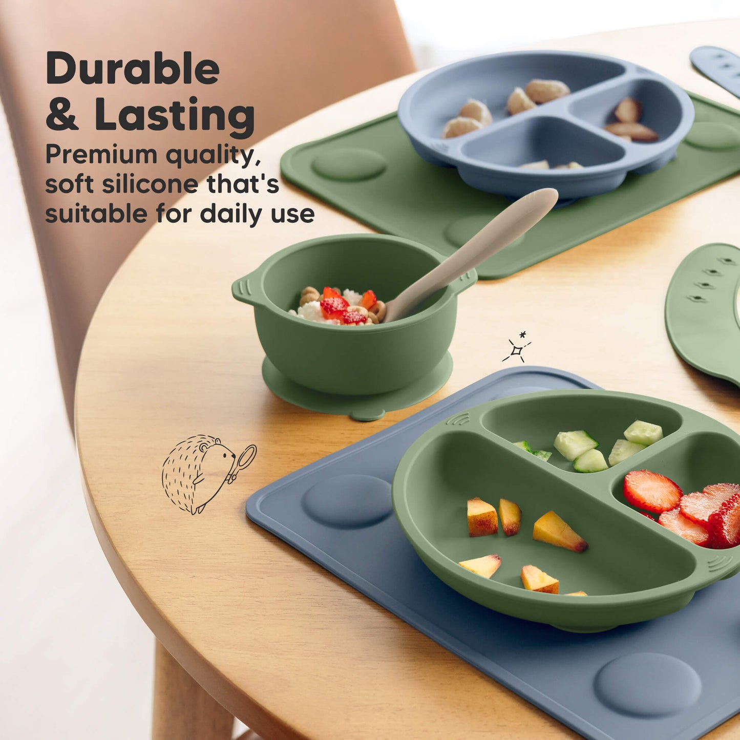 Durable soft silicone placemat is made for everyday use.
 29125706416314