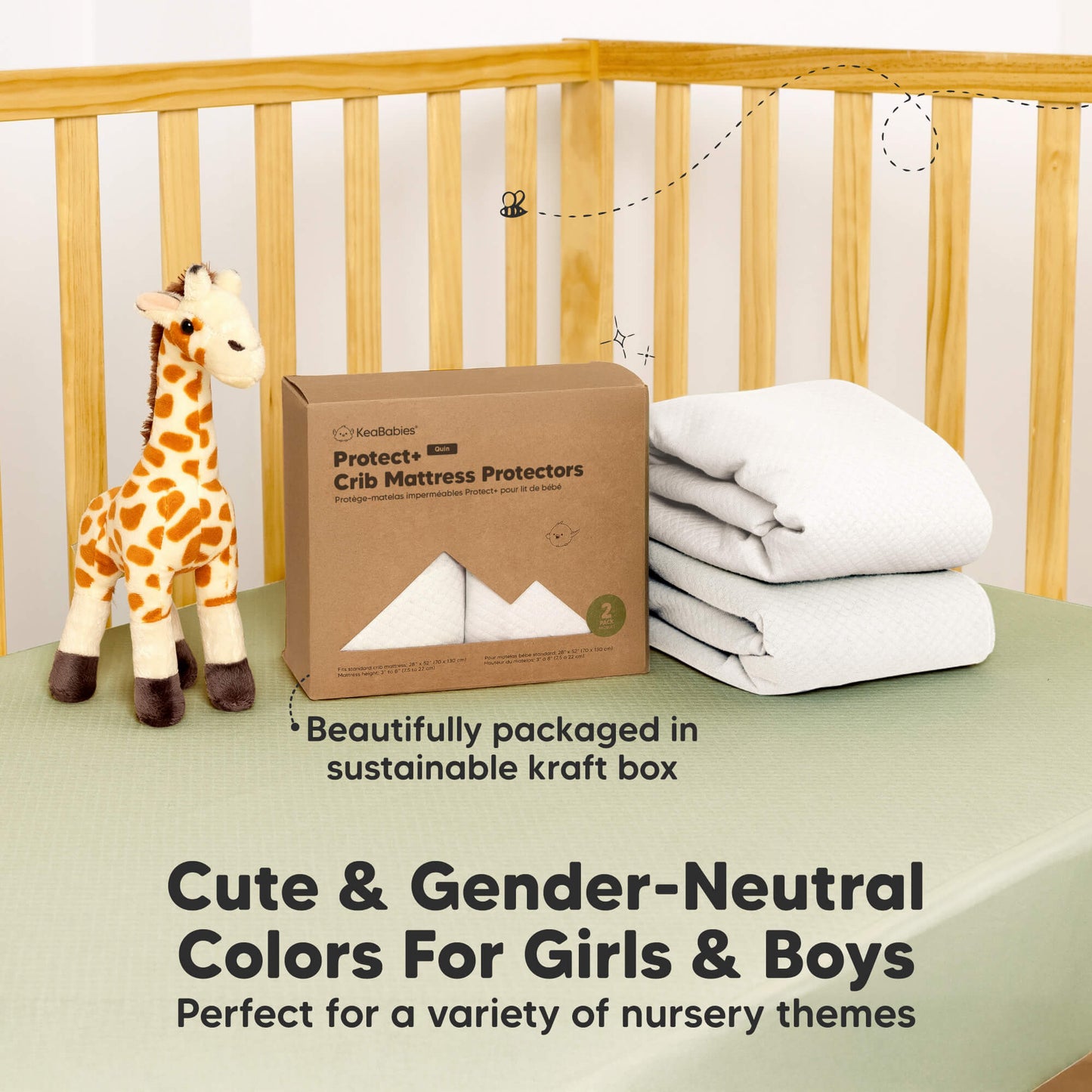 Cute gender-neutral colors mattress protector comes beautifully packaged in a sustainable kraft box.
 29129313484986