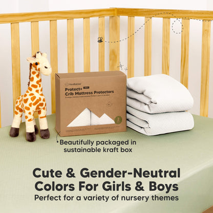 Cute gender-neutral colors mattress protector comes beautifully packaged in a sustainable kraft box.
 29129313484986