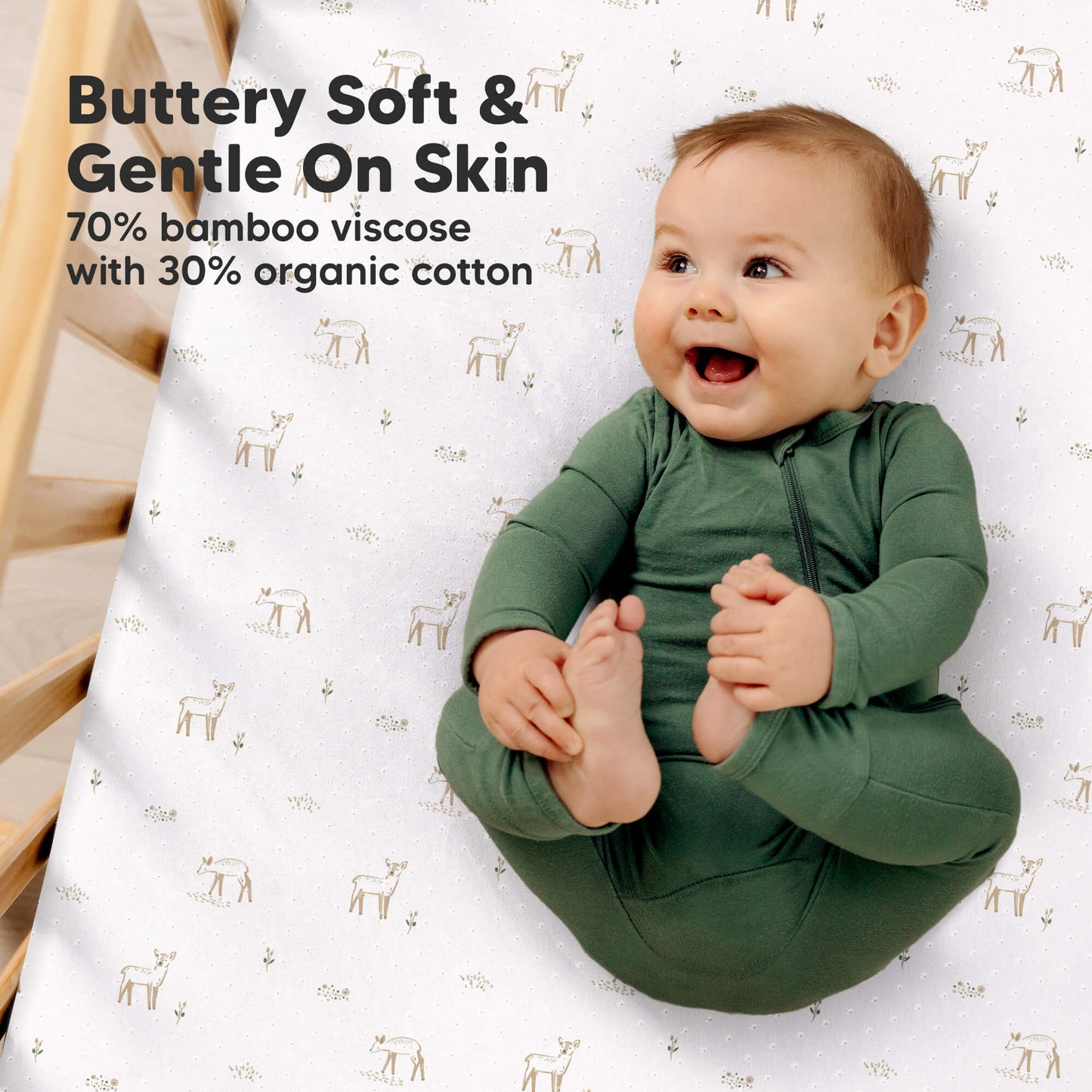 Buttery-soft Aereo fitted crib sheet made of 70% bamboo viscose and 30% organic cotton, gentle on baby skin
 29394784846010