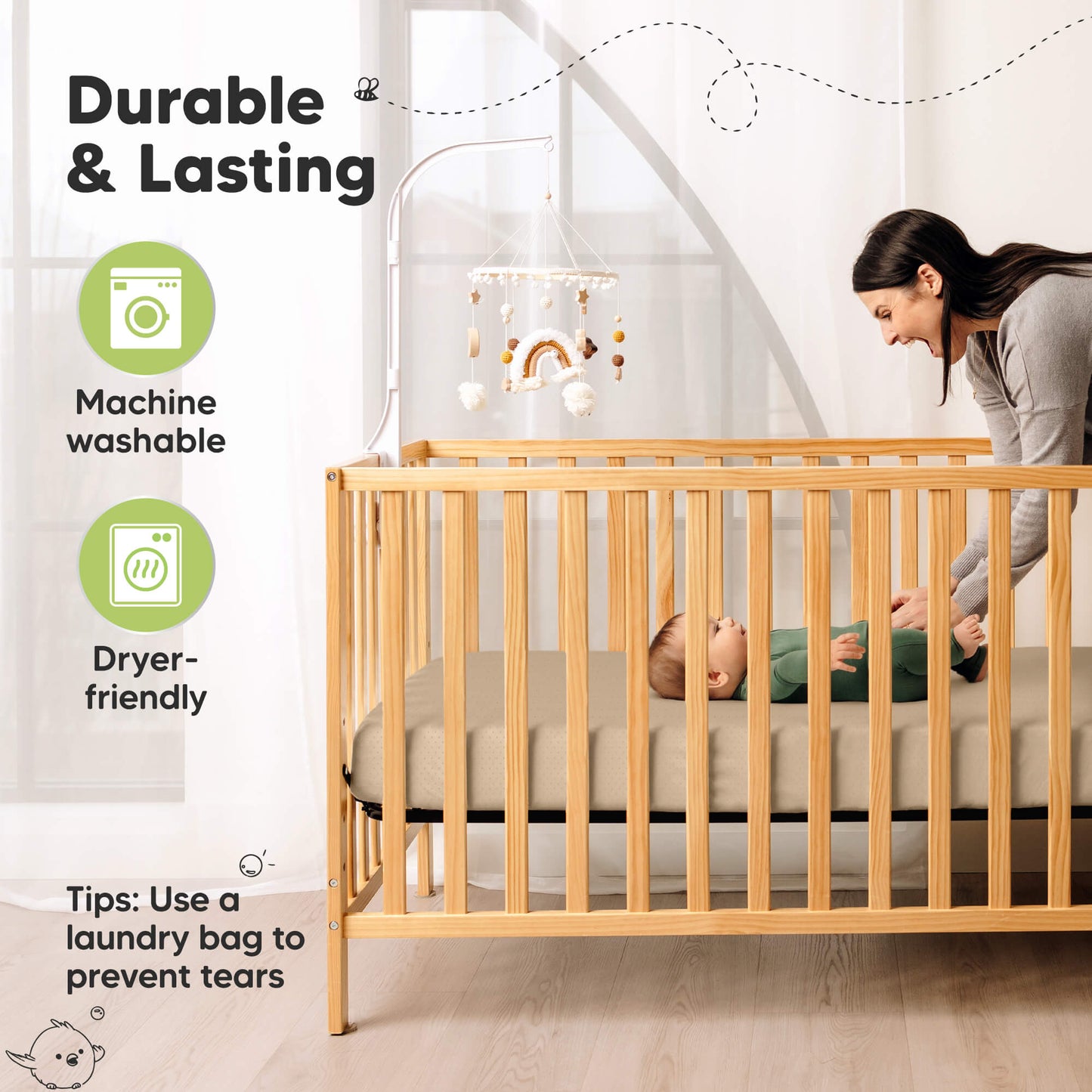 Durable Aereo fitted crib sheet that is machine washable and dryer-friendly for everyday use
 29394784878778