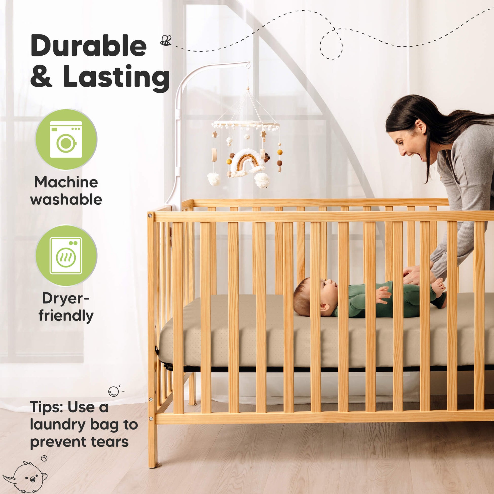 Durable Aereo fitted crib sheet that is machine washable and dryer-friendly for everyday use
 29394784878778