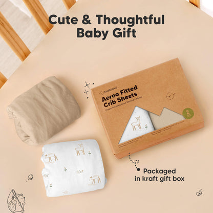 Two-pack Aereo fitted crib sheets packaged in a kraft gift box for a cute and thoughtful baby gift
 29394784682170