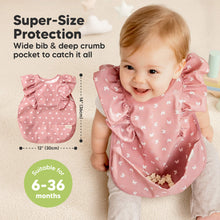 Load image into Gallery viewer, Super-size protection with wide bib and deep crumb pocket suitable for 6–36 months.

