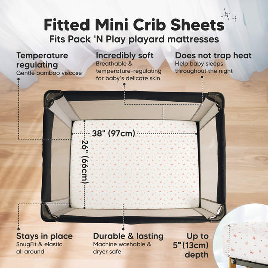 Fitted Mini Crib Sheets. Fits Pack 'N Play playard mattresses. Temperature regulating, Incredibly soft, does not trap heat, stays in place, durable & long lasting. Length is 38 inches, Width is 26 inches and height is up to 5 inches-on-hover