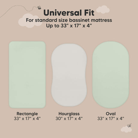 Universal Fit - For standard size bassinet mattress Up to 33" x 17" x 4" (Rectangle, Hourglass, Oval)