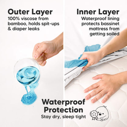Waterproof Protection - Stay dry, sleep tight (Outer Layer: 100% viscose from bamboo, holds spit-ups & diaper leaks) (Inner Layer: Waterproof lining protects bassinet mattress from getting soiled)
 31751615119546