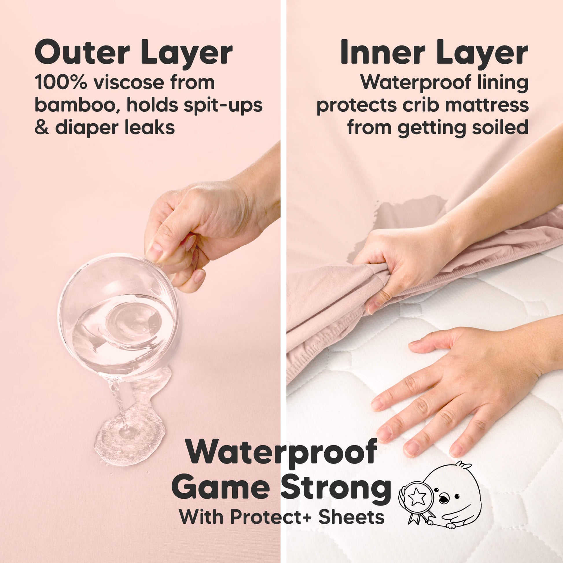 Waterproof game strong with Protect+ sheets, featuring a bamboo viscose outer layer and waterproof inner lining.
 31075885154490