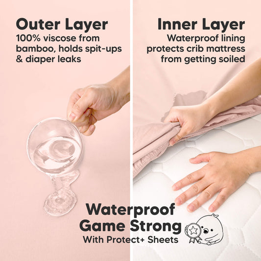Waterproof game strong with Protect+ sheets, featuring a bamboo viscose outer layer and waterproof inner lining.
-on-hover