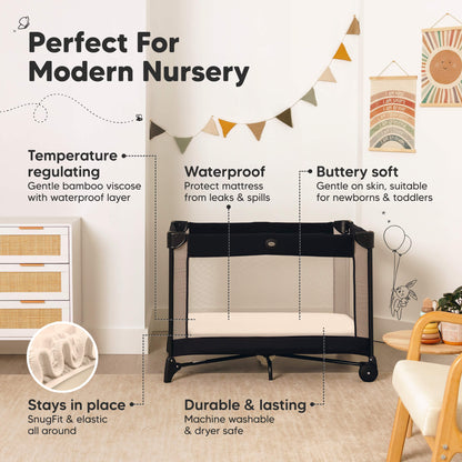 Perfect for modern nursery with temperature-regulating bamboo viscose, waterproof protection, and durable fit.
 31075885220026
