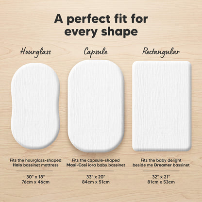 A perfect fit for every shape (Hourglass - Fits the hourglass-shaped Halo bassinet mattress 30" x 18") (Capsule - Fits the capsule-shaped Maxi-Cosi iora baby bassinet 33" x 20") and (Rectangular - Fits the baby delight beside me Dreamer bassinet 32" x 21")
 32530332188858