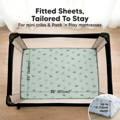 Fitted Sheets, Tailored To Stay - For mini cribs & Pack 'n Play mattresses (size 38" x 26" and fits up to 5" depth)