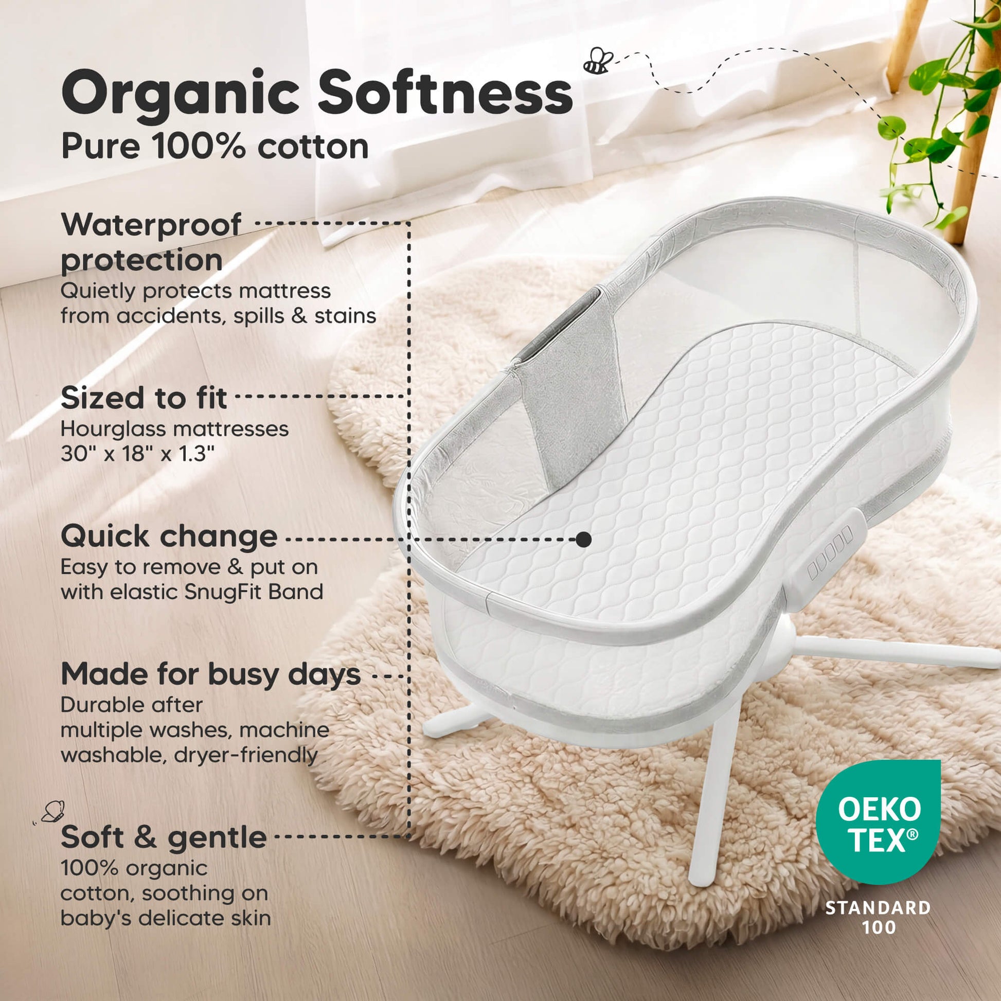 Organic Softness - Pure 100% cotton (Waterproof protection, Sized to fit Rectangular mattresses 30" x 18" x 1.3", Quick change, Made for busy days, and Soft & gentle. OEKO-TEX Standard 100)
 32413950378170