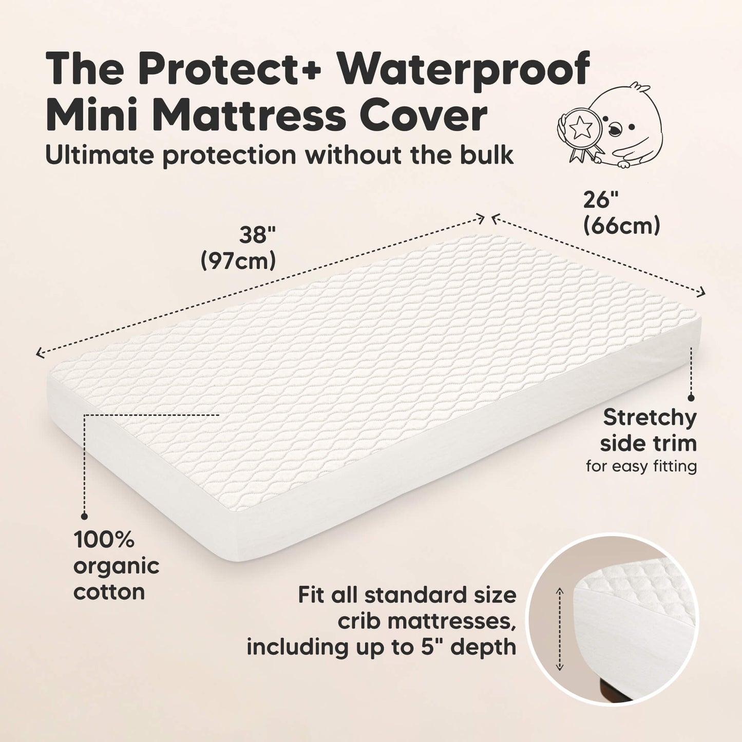 The Protect+ Waterproof Mini Mattress Cover -  Ultimate protection without the bulk, 100% organic cotton and Stretchy side trim for easy fitting (size 38"x26". Fit all standard size crib mattresses, including up to 5" depth).
 32344039555258