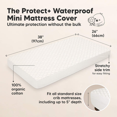 The Protect+ Waterproof Mini Mattress Cover -  Ultimate protection without the bulk, 100% organic cotton and Stretchy side trim for easy fitting (size 38"x26". Fit all standard size crib mattresses, including up to 5" depth).
