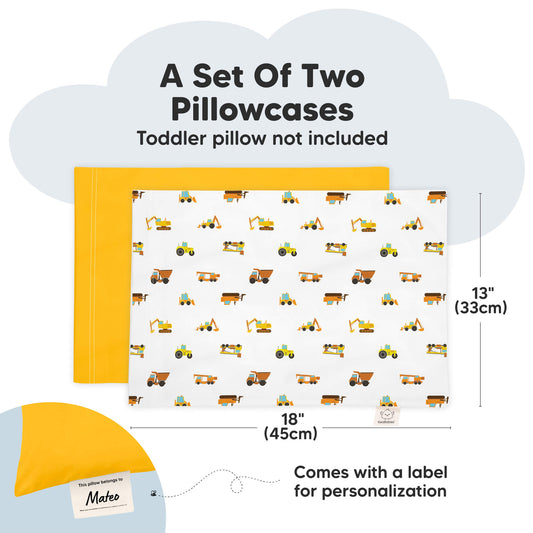 A set of two pillowcases sized 18 × 13 inches with a personalization label, toddler pillow not included.
-on-hover
