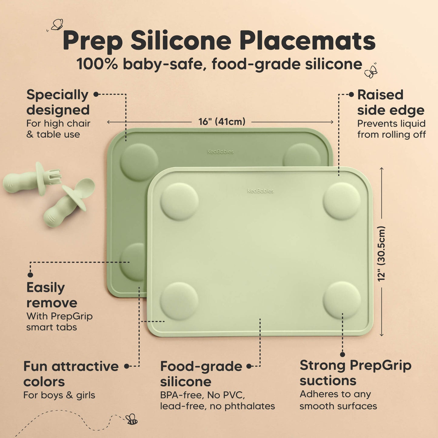 Prep Silicone Placemats (100% baby-safe, food-grade silicone) - Specially designed, Easily remove, Fun attractive colors, Food-grade silicone, Strong PrepGrip suctions, and Raised side edge. Size at 16" x 12" 33294790164666