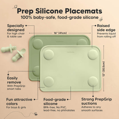 Prep Silicone Placemats (100% baby-safe, food-grade silicone) - Specially designed, Easily remove, Fun attractive colors, Food-grade silicone, Strong PrepGrip suctions, and Raised side edge. Size at 16" x 12" 33294790164666