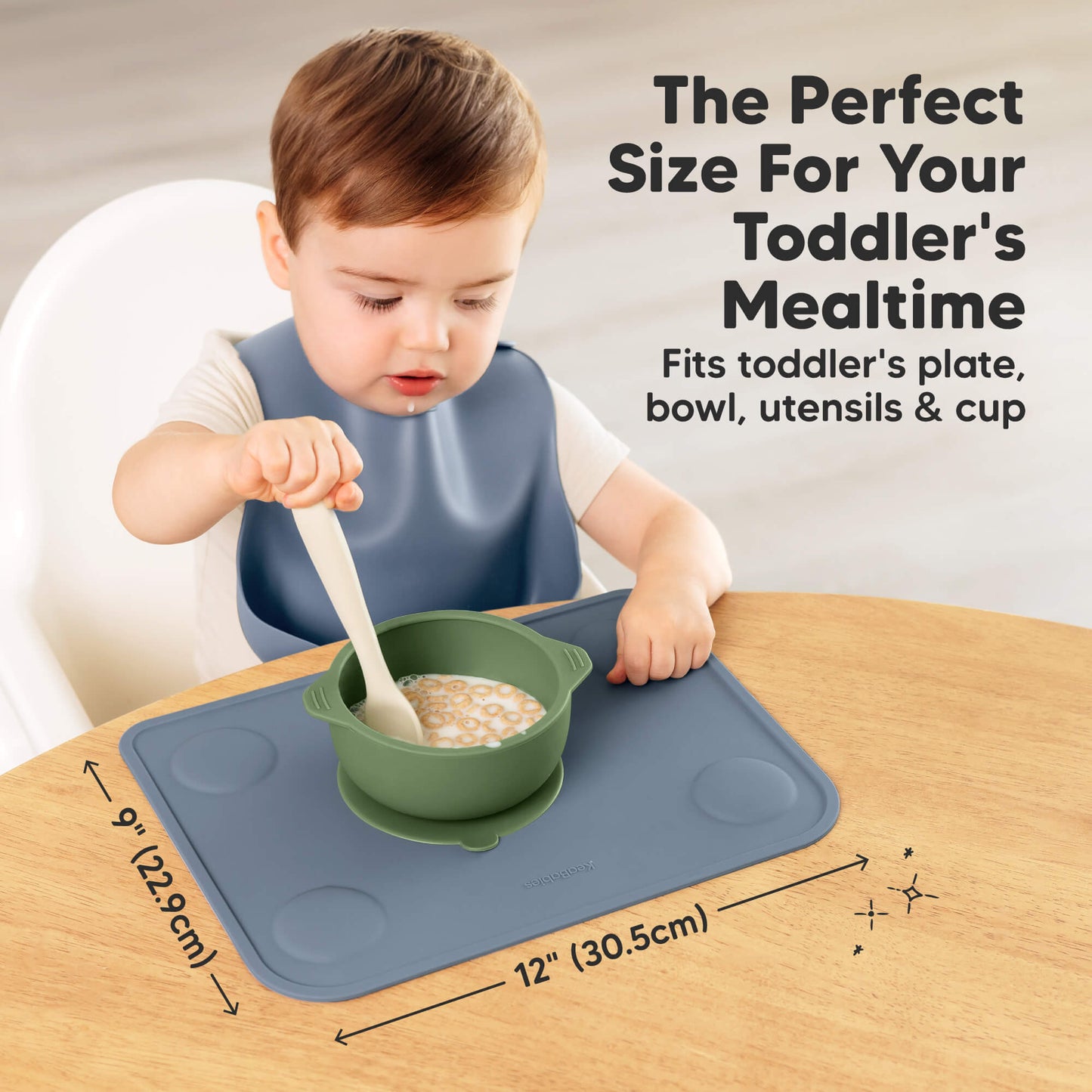 Perfect size for toddler mealtime, the 12 × 9-inch placemat fits plates, bowls, utensils, and cups.
 30099410813114