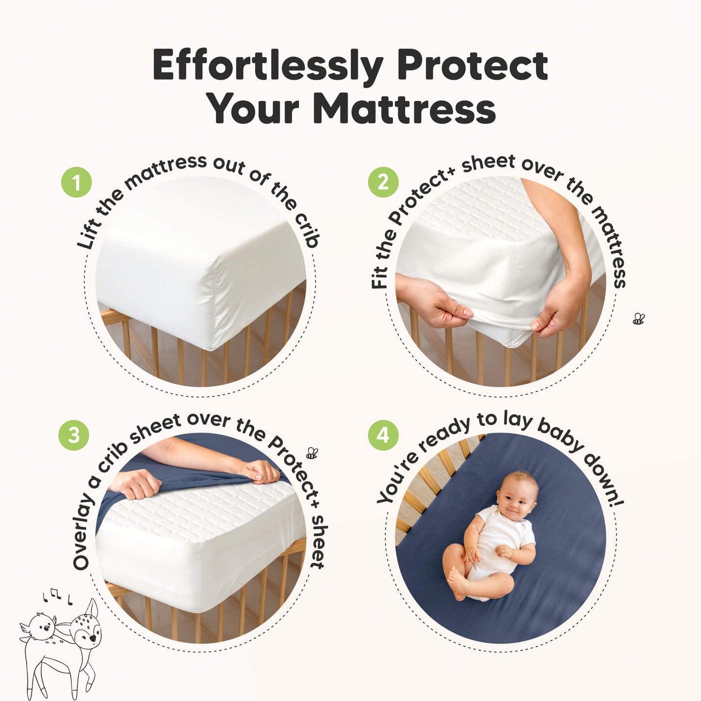 Effortlessly Protect Your Mattress

1. Lift the mattress out of the crib
2. Fit the Protect+ sheet over the mattress
3. Overlay a crib sheet over the Protect+ sheet
4. You’re ready to lay baby down! 29670865731770