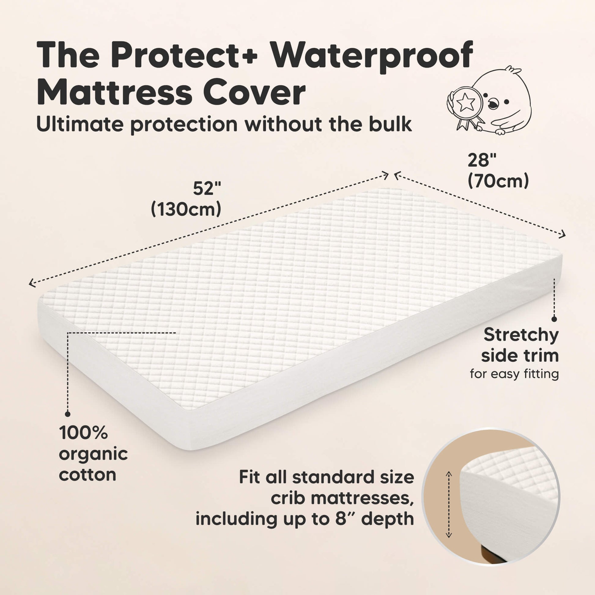 Protect waterproof mattress cover measures 52 × 28 inches, fits standard crib mattresses up to 8 inches deep, and is made of 100% organic cotton.
 29670885032122