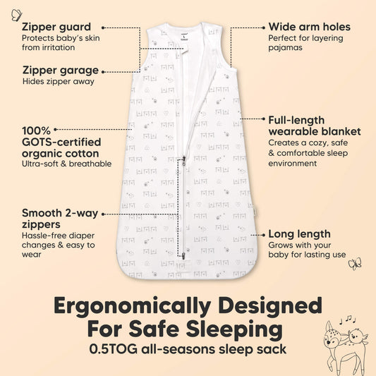 Ergonomically designed 0.5 TOG GOTS-certified organic cotton sleep sack with smooth 2-way zipper, zipper guard & wide arm holes-on-hover