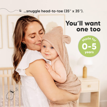 Snuggle head-to-toe hooded towel sized about 35 × 35 inches and suitable for babies 0–5years.
 30288728817850