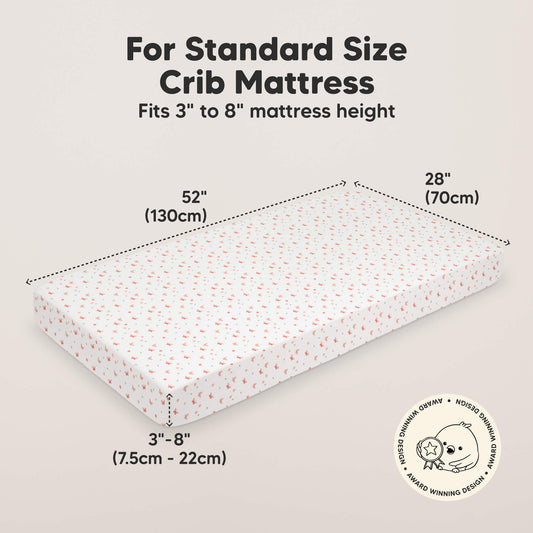 For Standard Size Crib Mattress, 
Fits 3" to 8" Mattress height, 52" (130cm) 
28" (70cm), 3" - 8" (7.5cm - 22cm)-on-hover