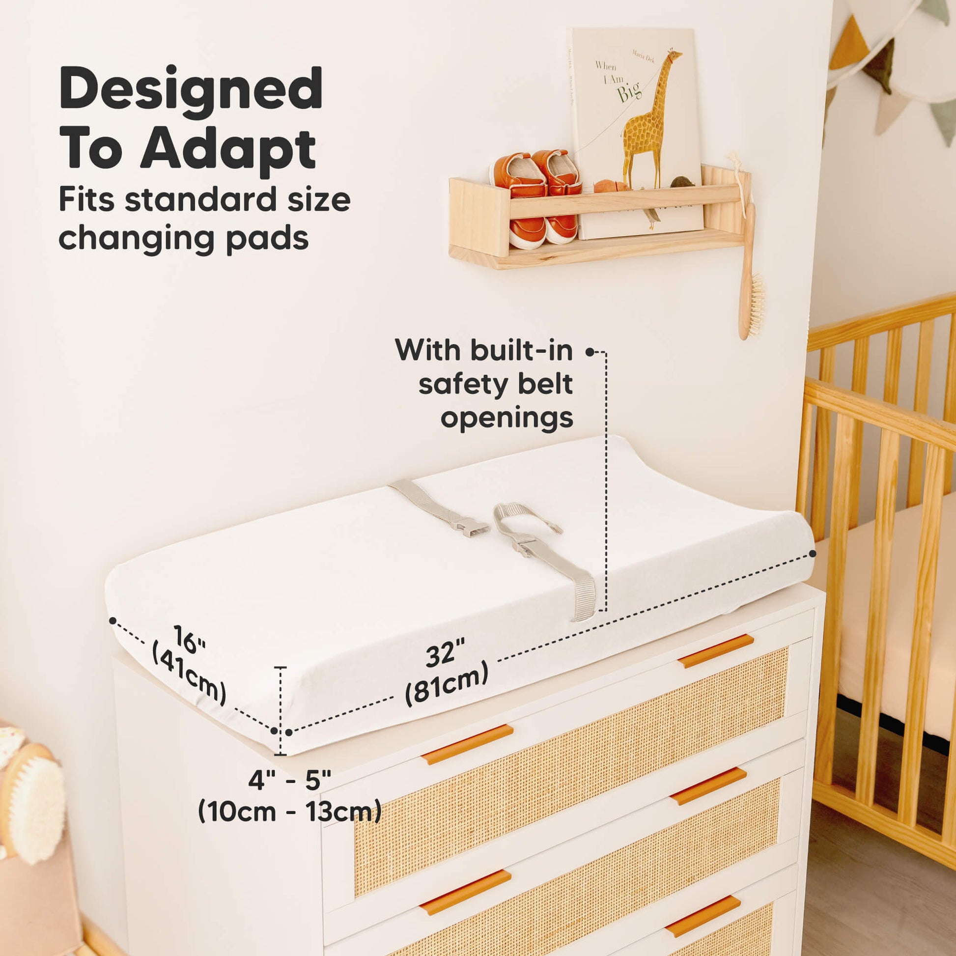 Designed to adapt - fits standard size changing pads size at 32inches long, 16inches wide, and 4-5inches depth (with built in safety belt openings)
 31604475953338