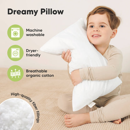 The dreamy pillow has breathable organic cotton fillings and machine washable and dryer-friendly for easy care. 27620610375866