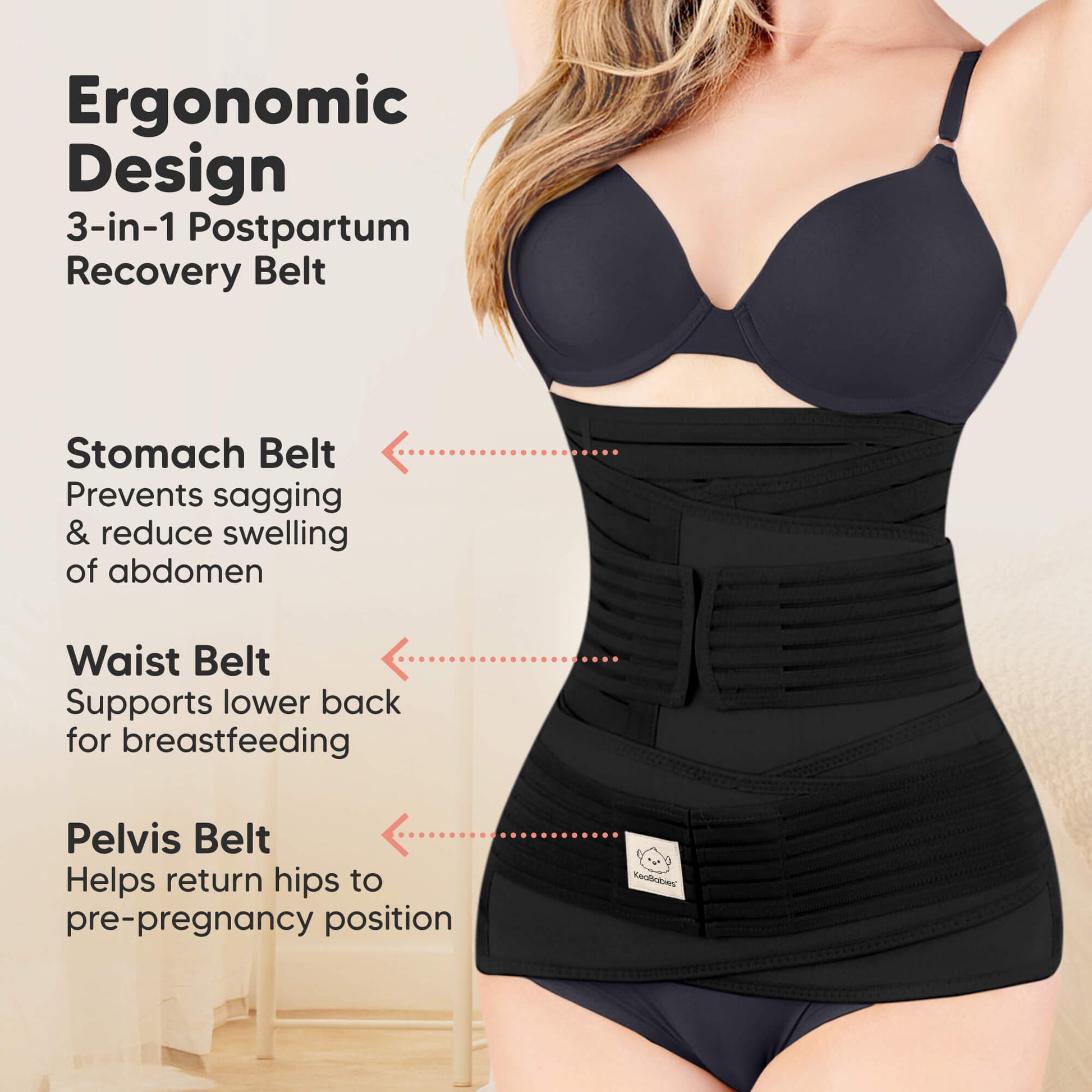 Black postpartum recovery belt with features highlighted on a beige background 31316950483130