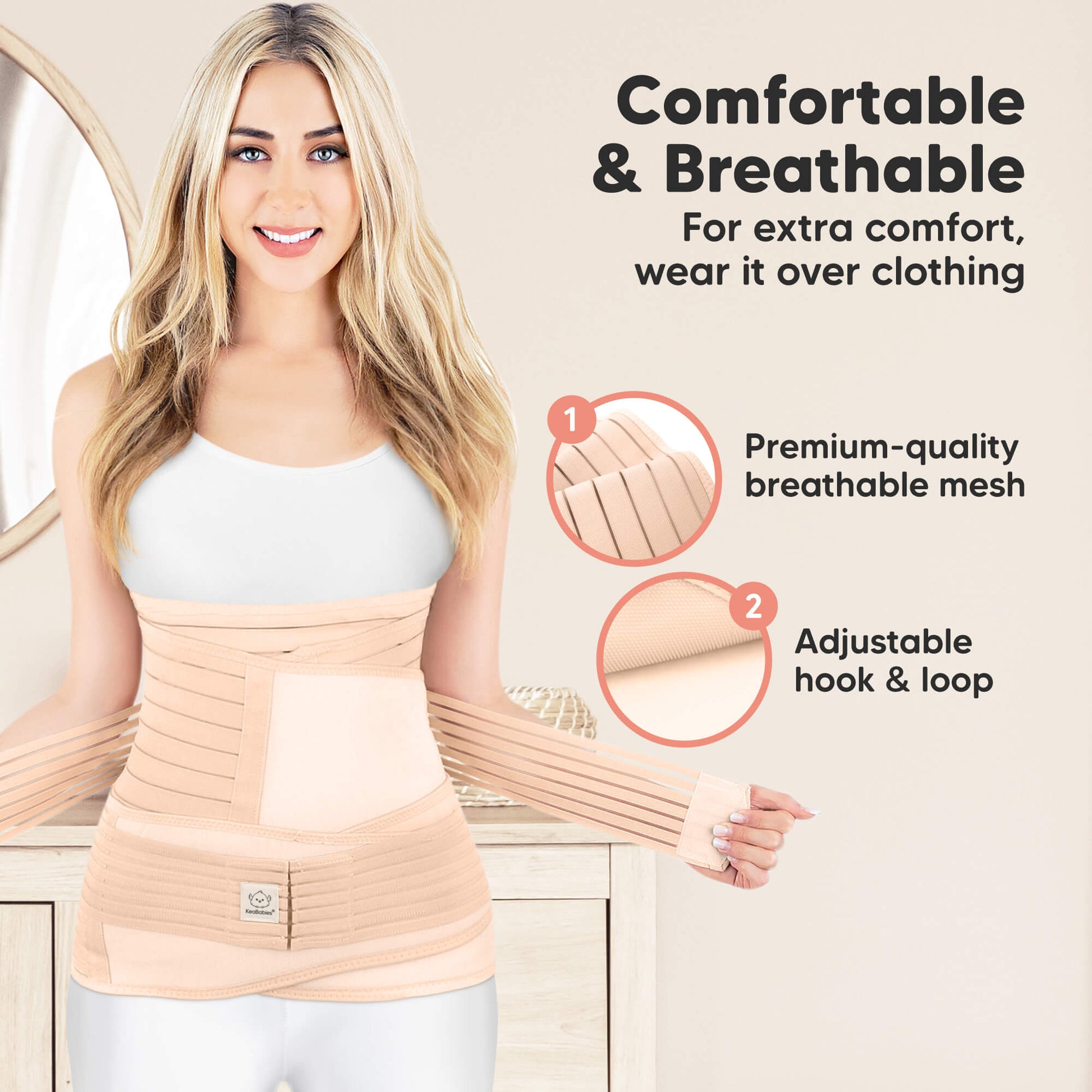 Woman wearing a beige compression garment with text highlighting comfort and features. 31316950876346